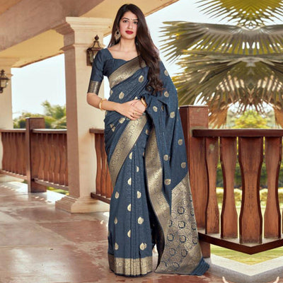 Captivating Dark Grey Coloured Partywear Woven Silk Saree
