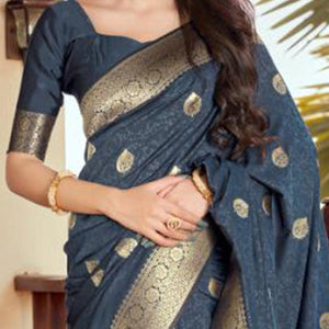Captivating Dark Grey Coloured Partywear Woven Silk Saree