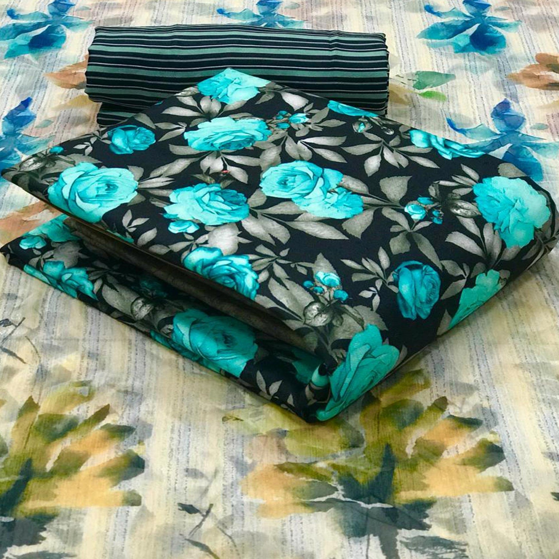 Captivating Dark Navy Blue Colored Casual Wear Printed Pashmina Dress Material