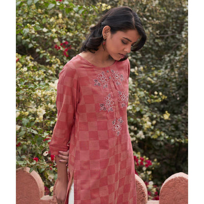 Captivating Dark Peach Colored Casual Wear Embroidered Pure Cotton Kurti