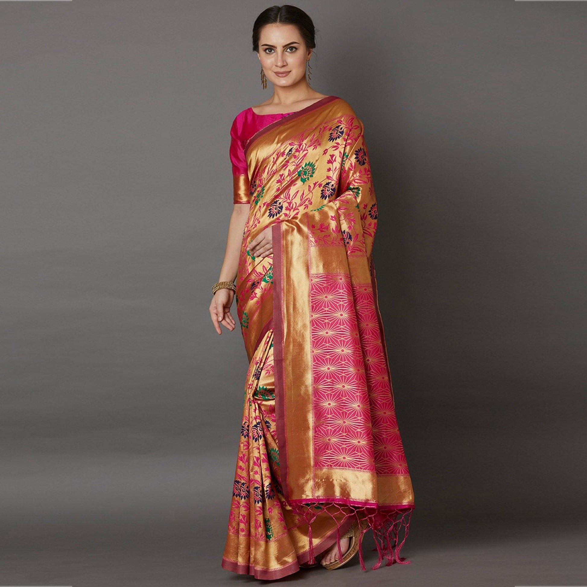 Captivating Golden Colored Festive Wear Woven Silk Saree