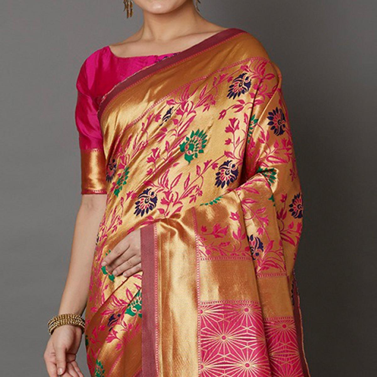 Captivating Golden Colored Festive Wear Woven Silk Saree