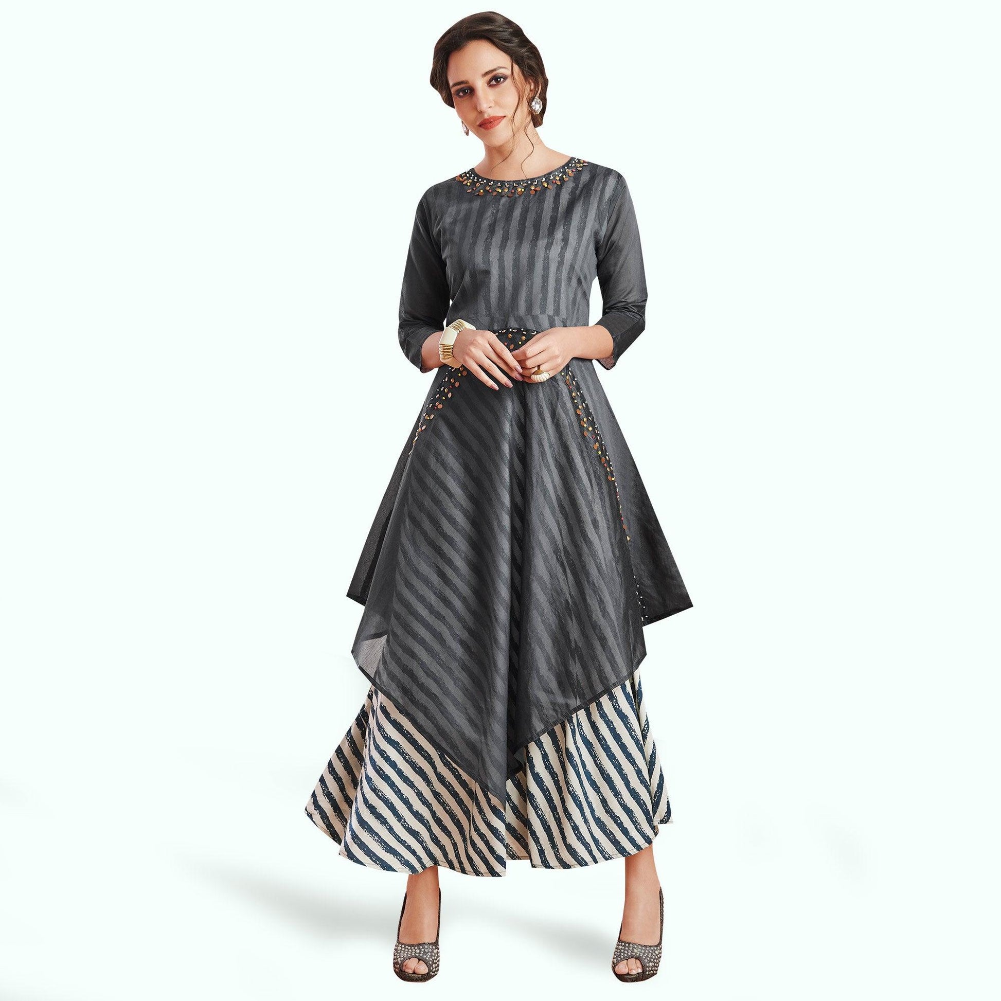 Captivating Gray-Black Colored Partywear Printed Rayon Kurti
