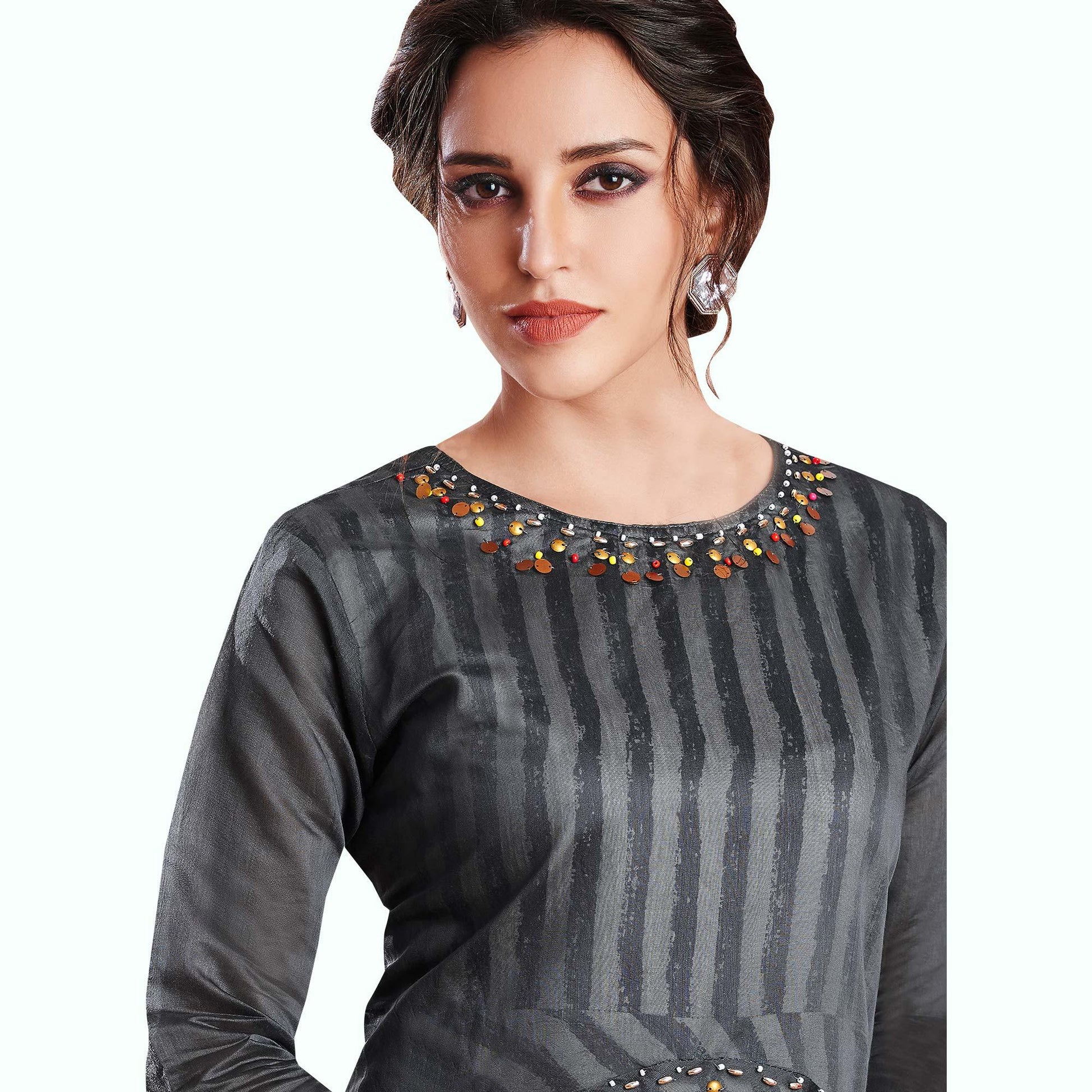 Captivating Gray-Black Colored Partywear Printed Rayon Kurti