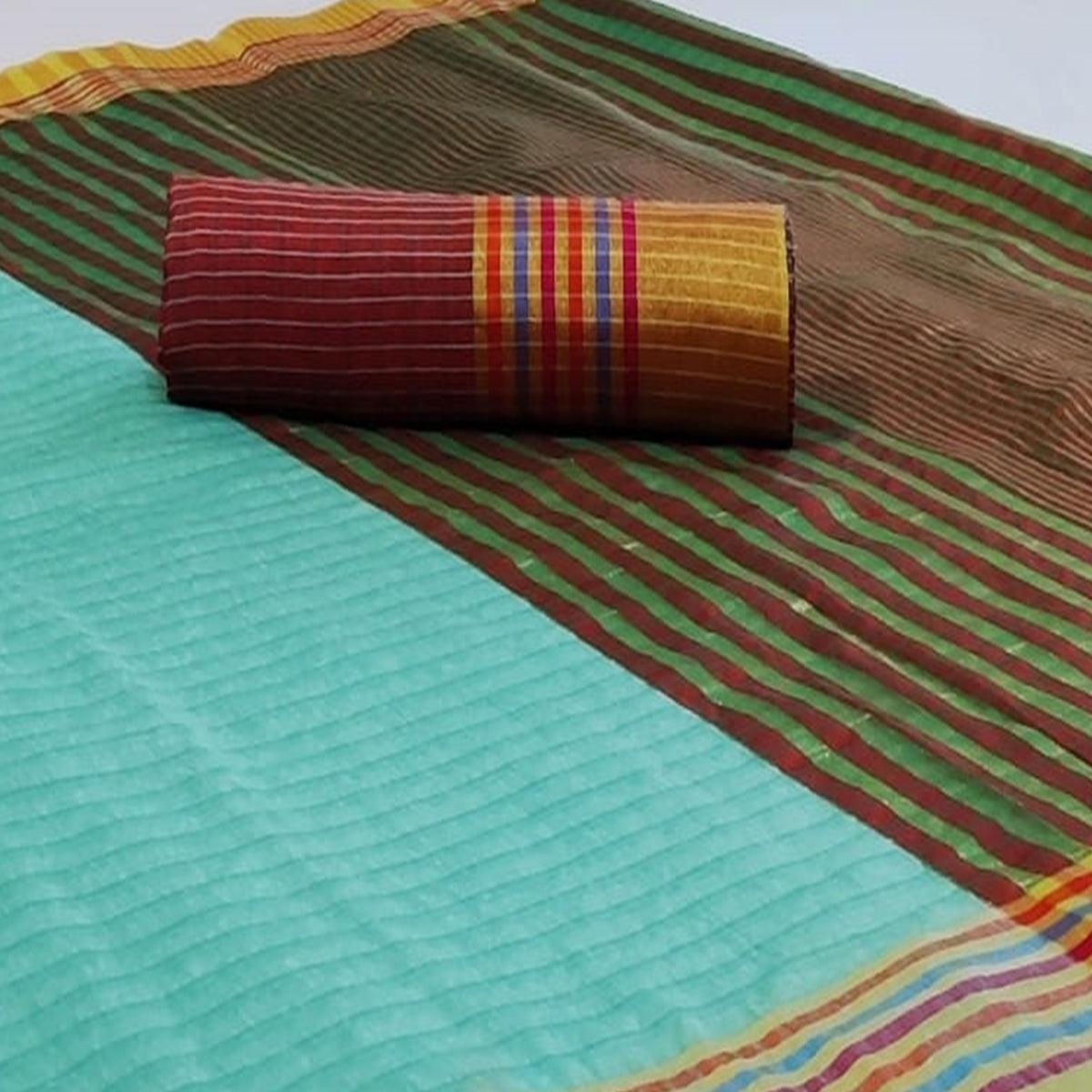 Captivating Green Colored Festive Wear Woven Cotton Saree