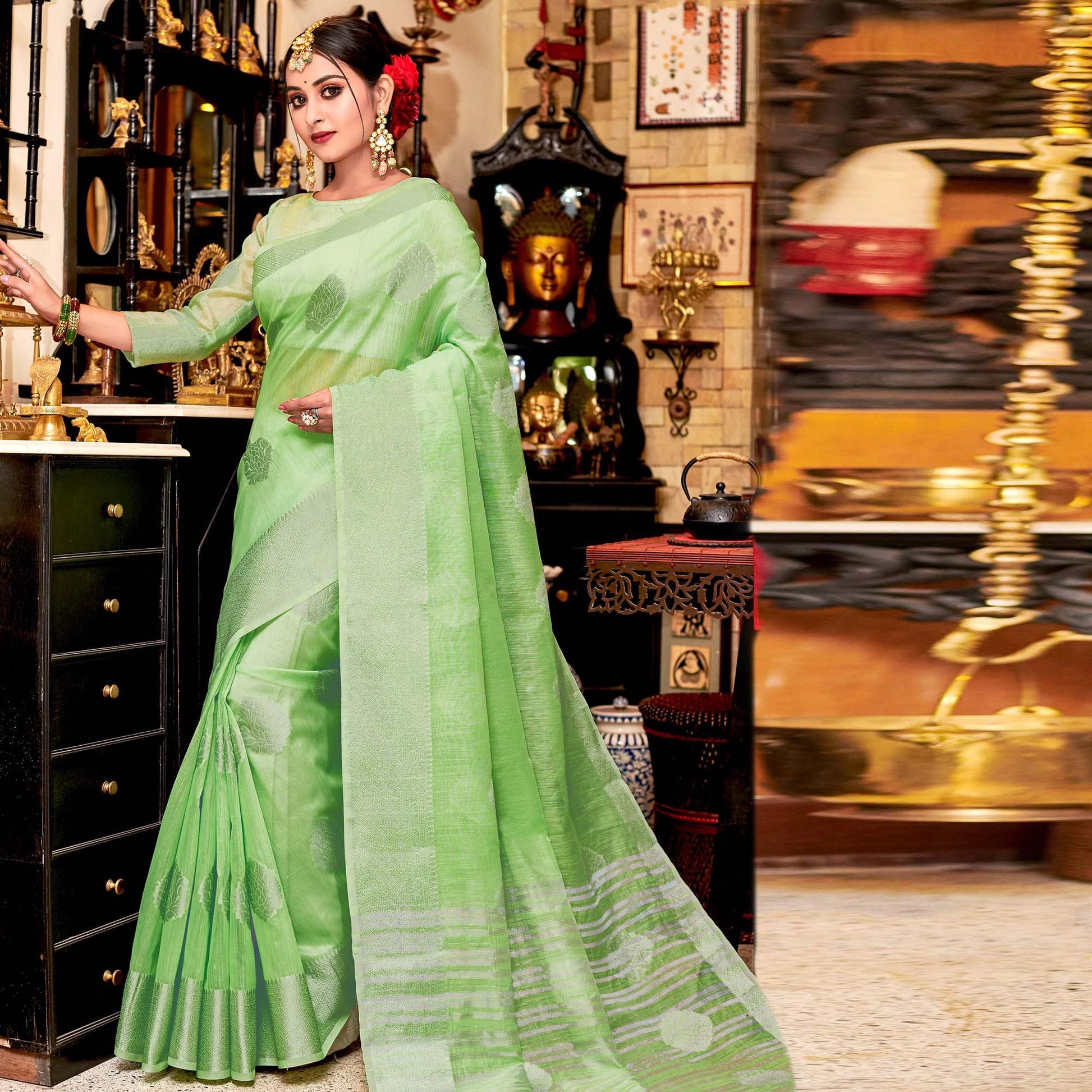 Captivating Green Colored Festive Wear Woven Linen Sareee