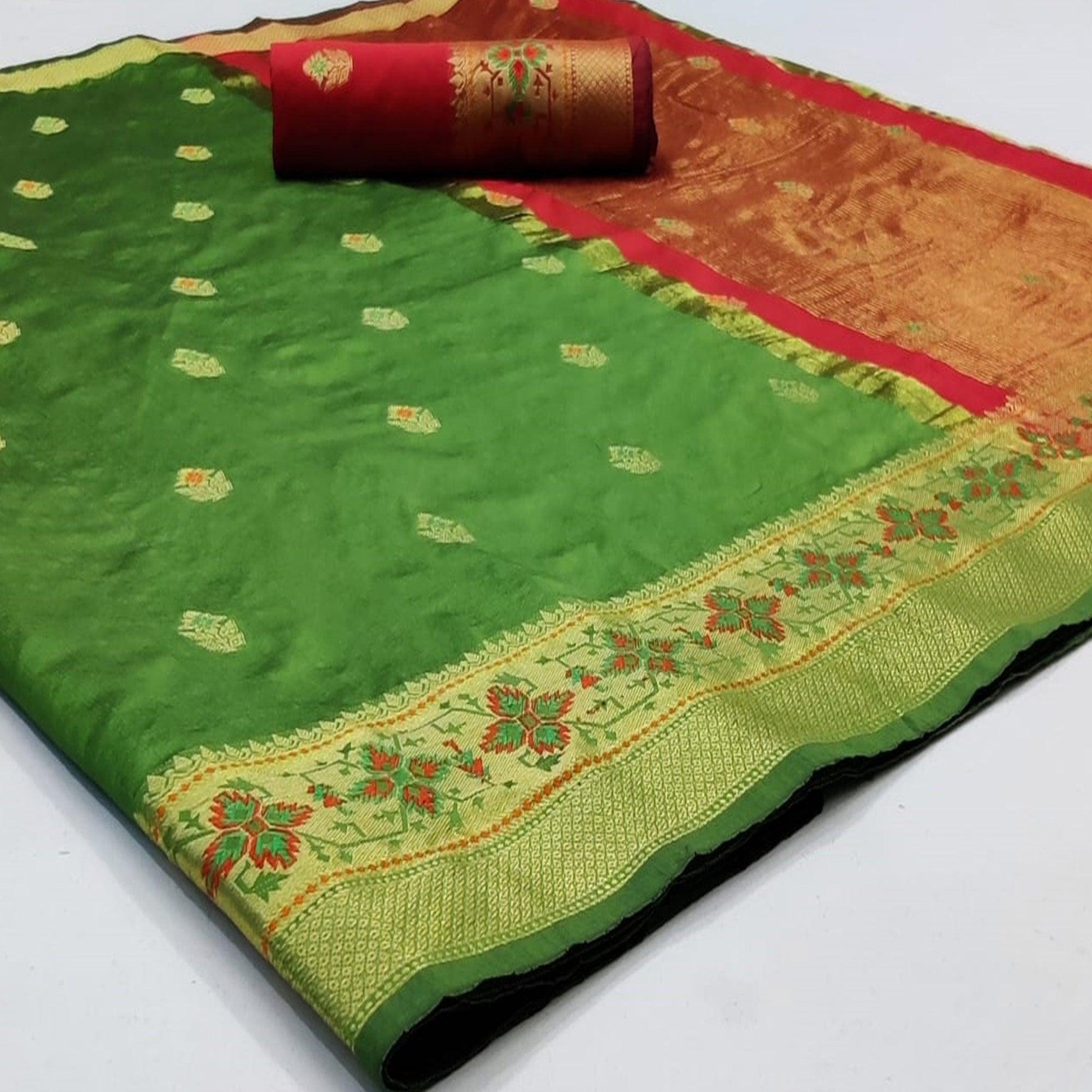 Captivating Green Colored Festive Wear Woven Silk Saree