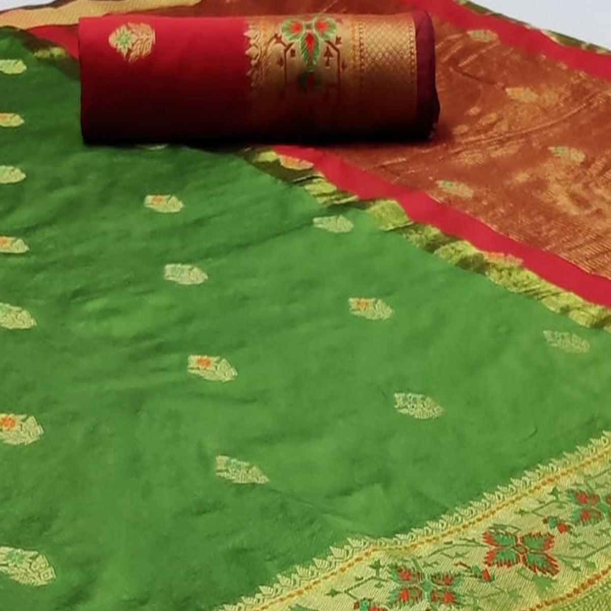 Captivating Green Colored Festive Wear Woven Silk Saree