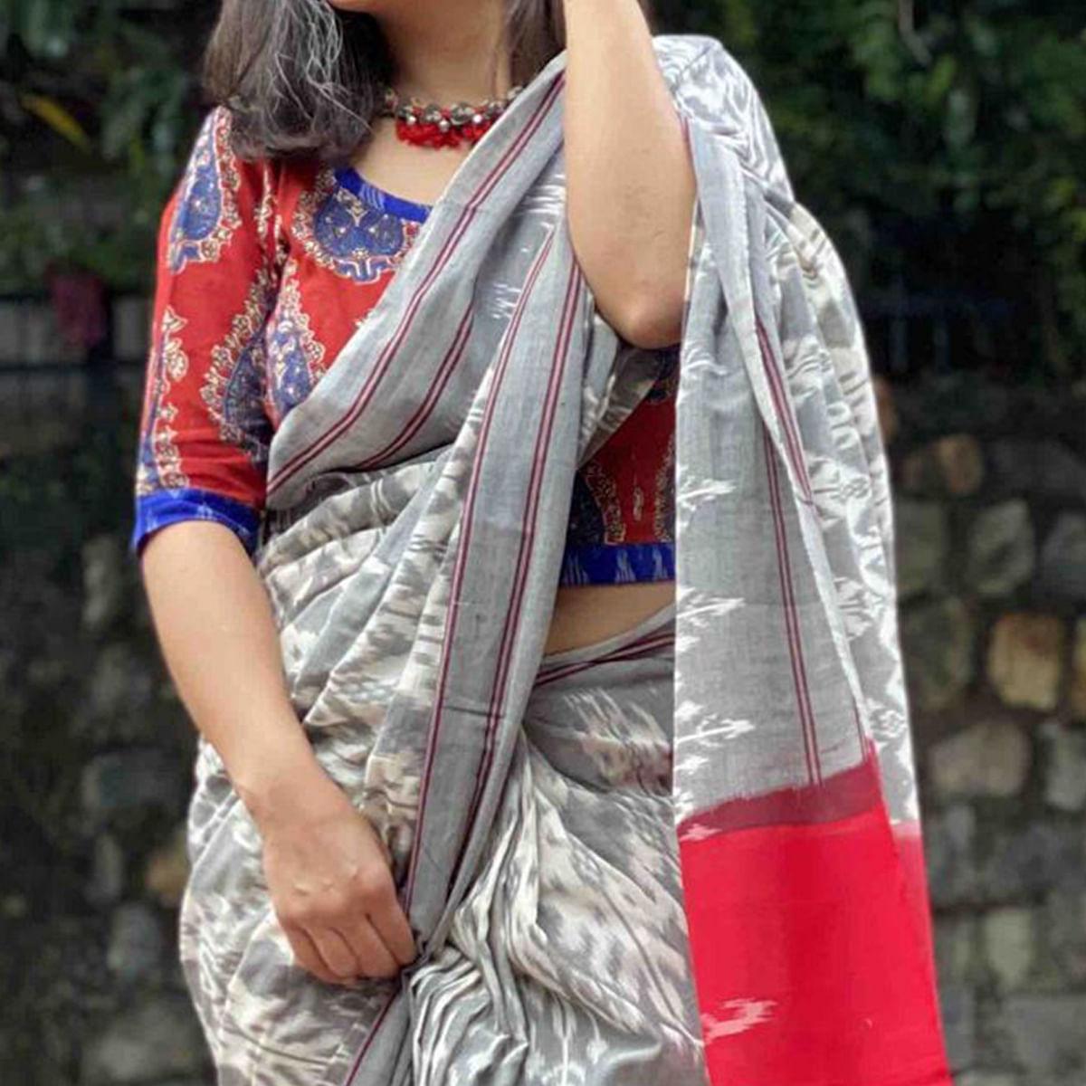 Captivating Grey Colored Casual Wear Printed Silk Saree