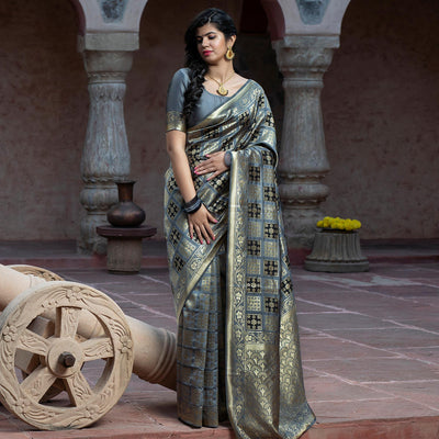 Captivating Grey Colored Festive Wear Woven Banarasi Silk Saree'