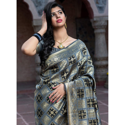 Captivating Grey Colored Festive Wear Woven Banarasi Silk Saree'