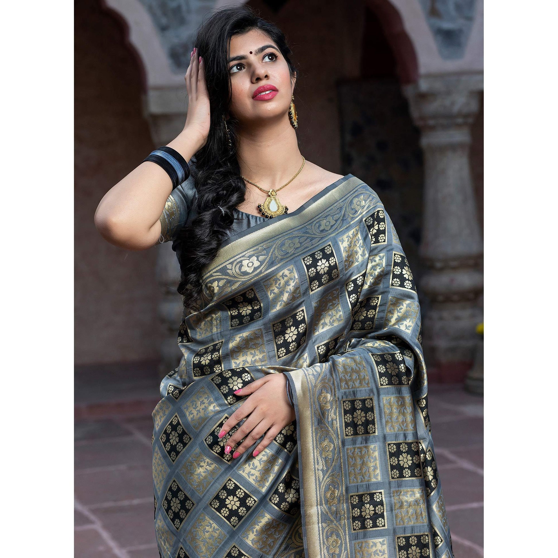 Captivating Grey Colored Festive Wear Woven Banarasi Silk Saree'