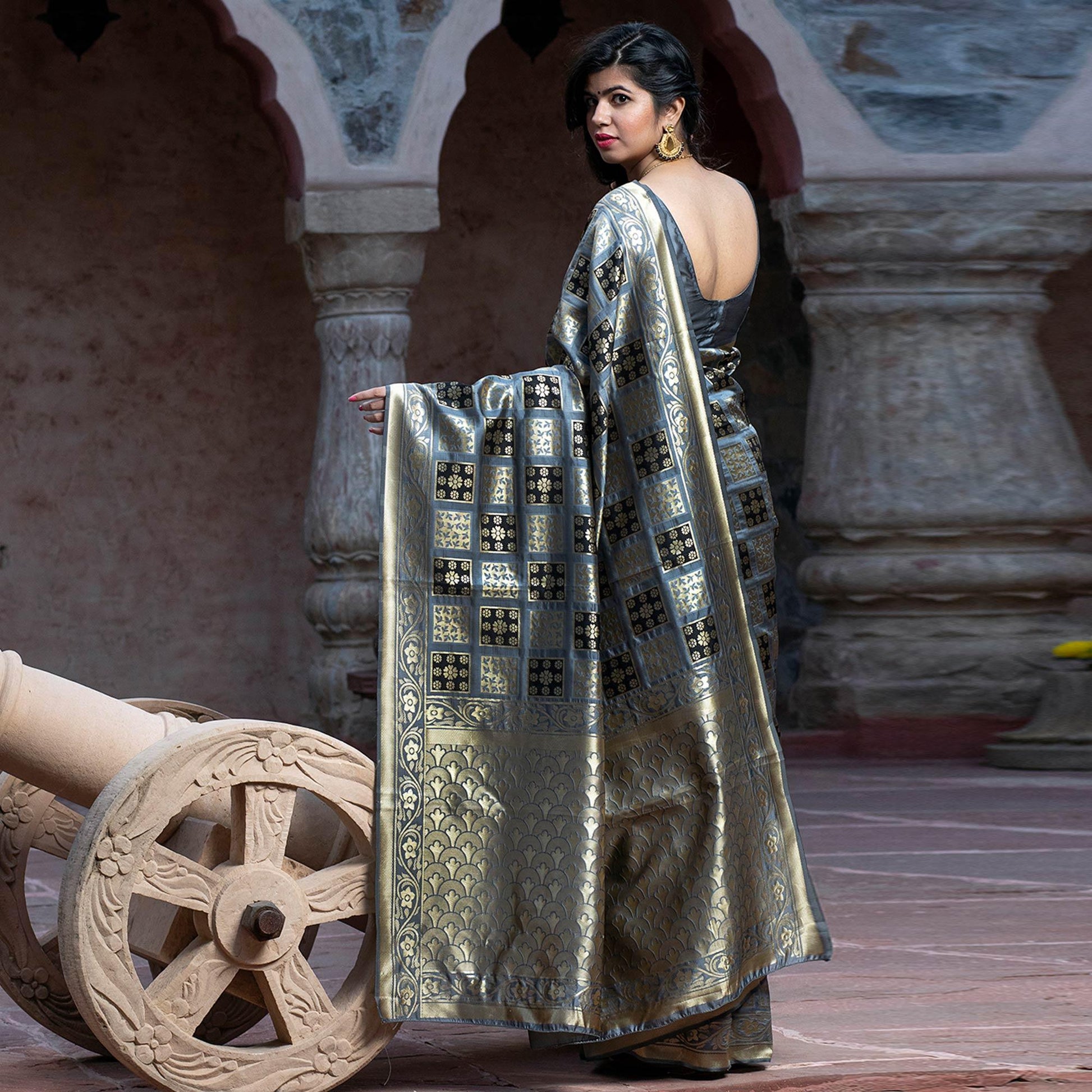 Captivating Grey Colored Festive Wear Woven Banarasi Silk Saree'