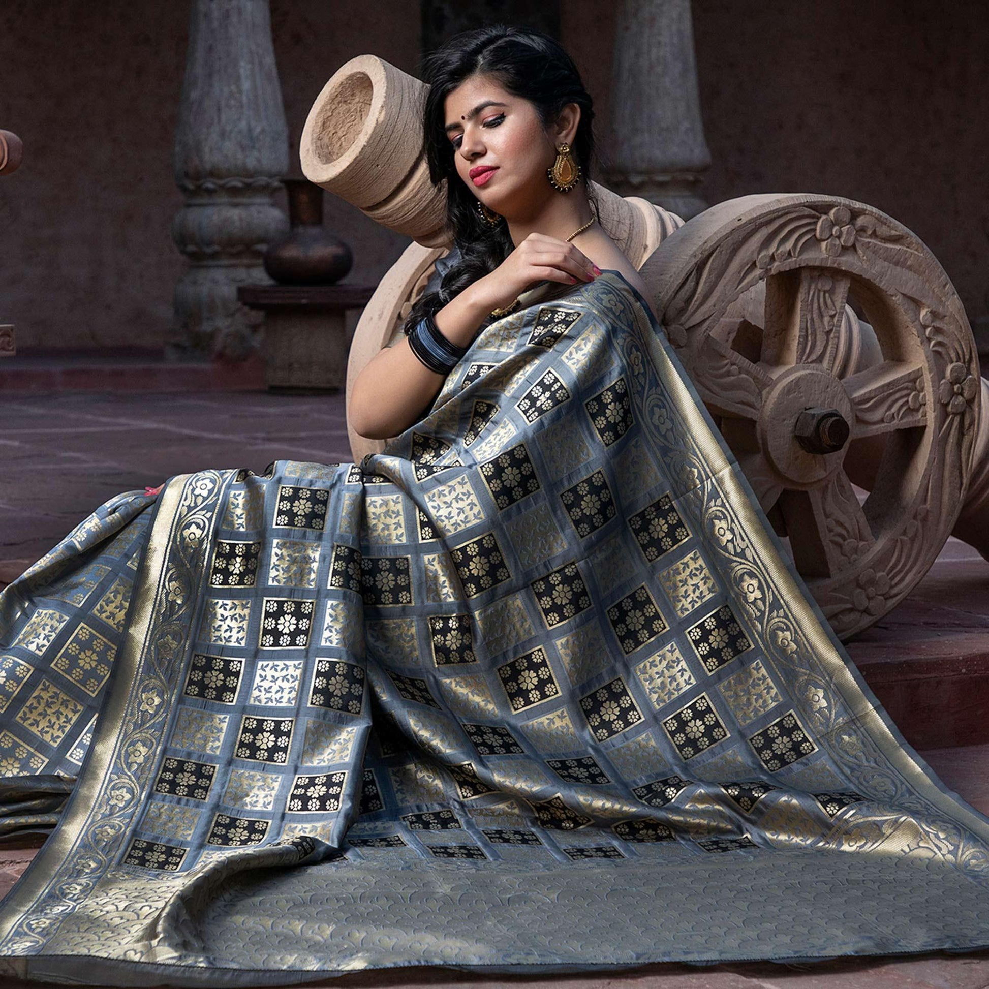 Captivating Grey Colored Festive Wear Woven Banarasi Silk Saree'