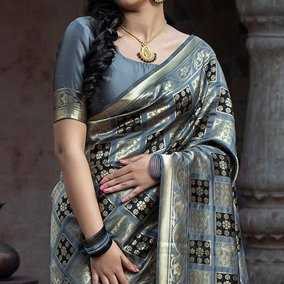 Captivating Grey Colored Festive Wear Woven Banarasi Silk Saree'