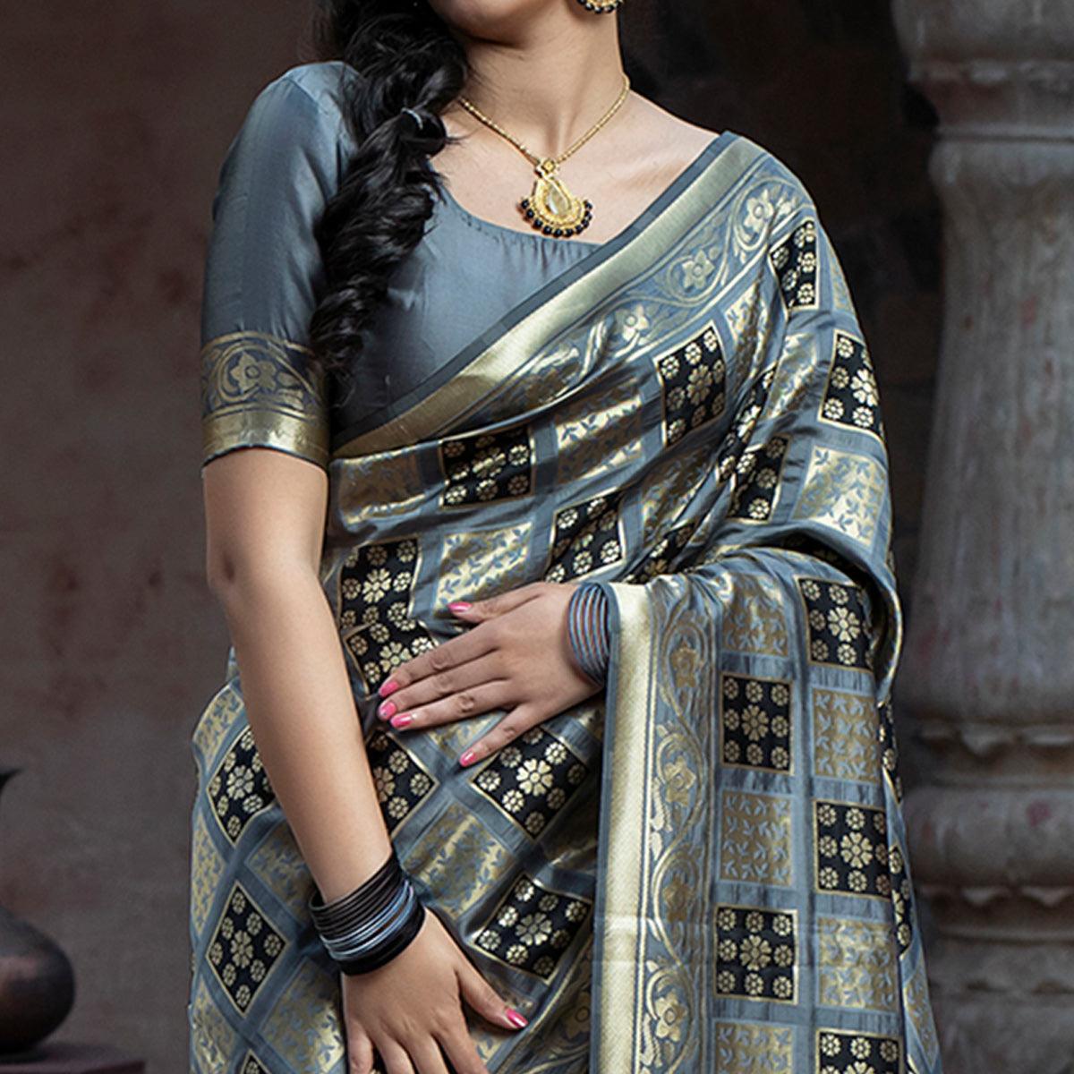 Captivating Grey Colored Festive Wear Woven Banarasi Silk Saree'