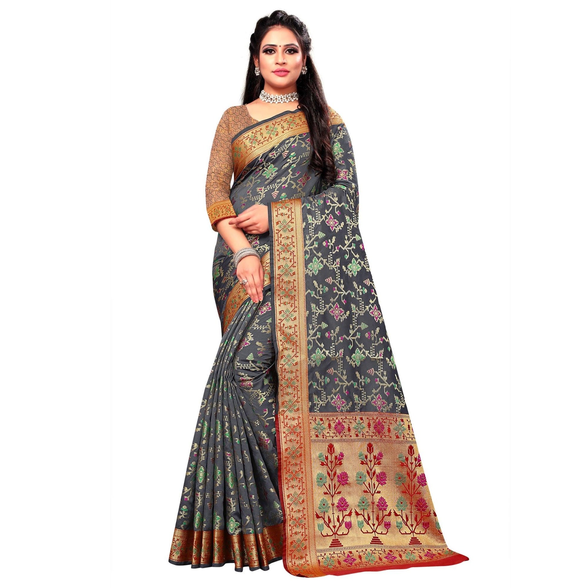 Captivating Grey Colored Festive Wear Woven Silk Saree