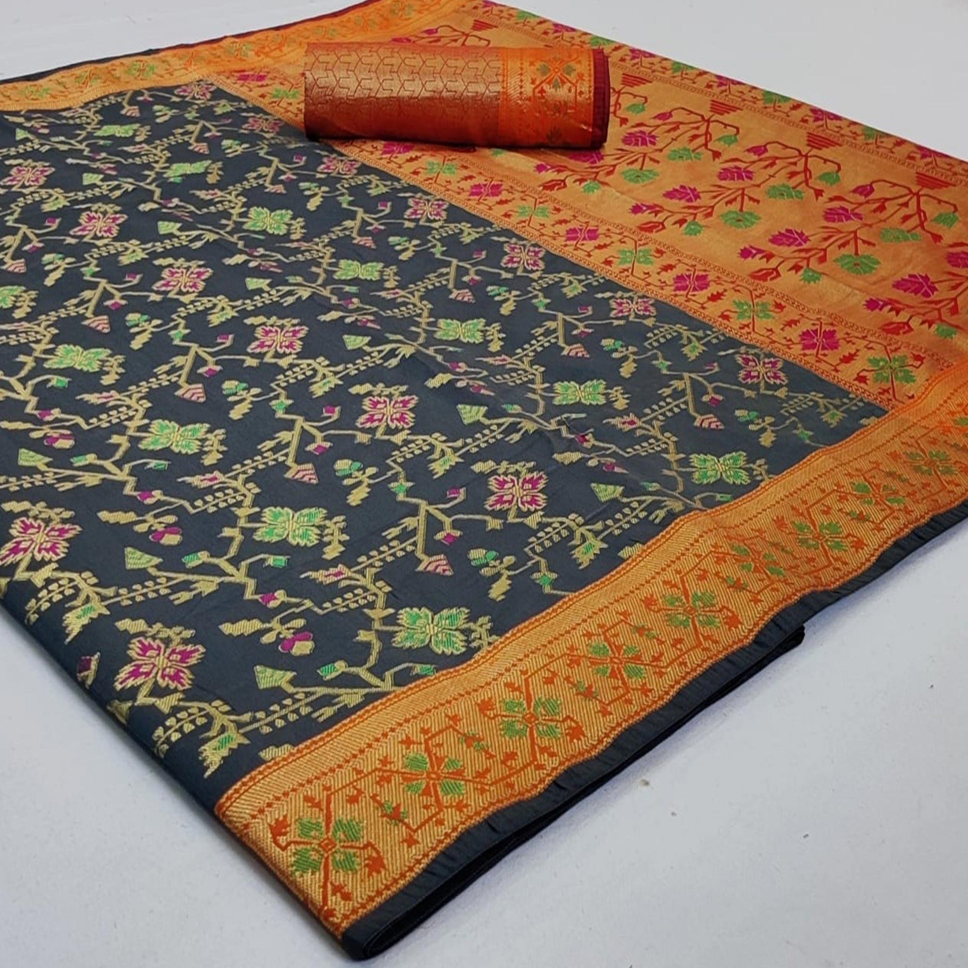 Captivating Grey Colored Festive Wear Woven Silk Saree