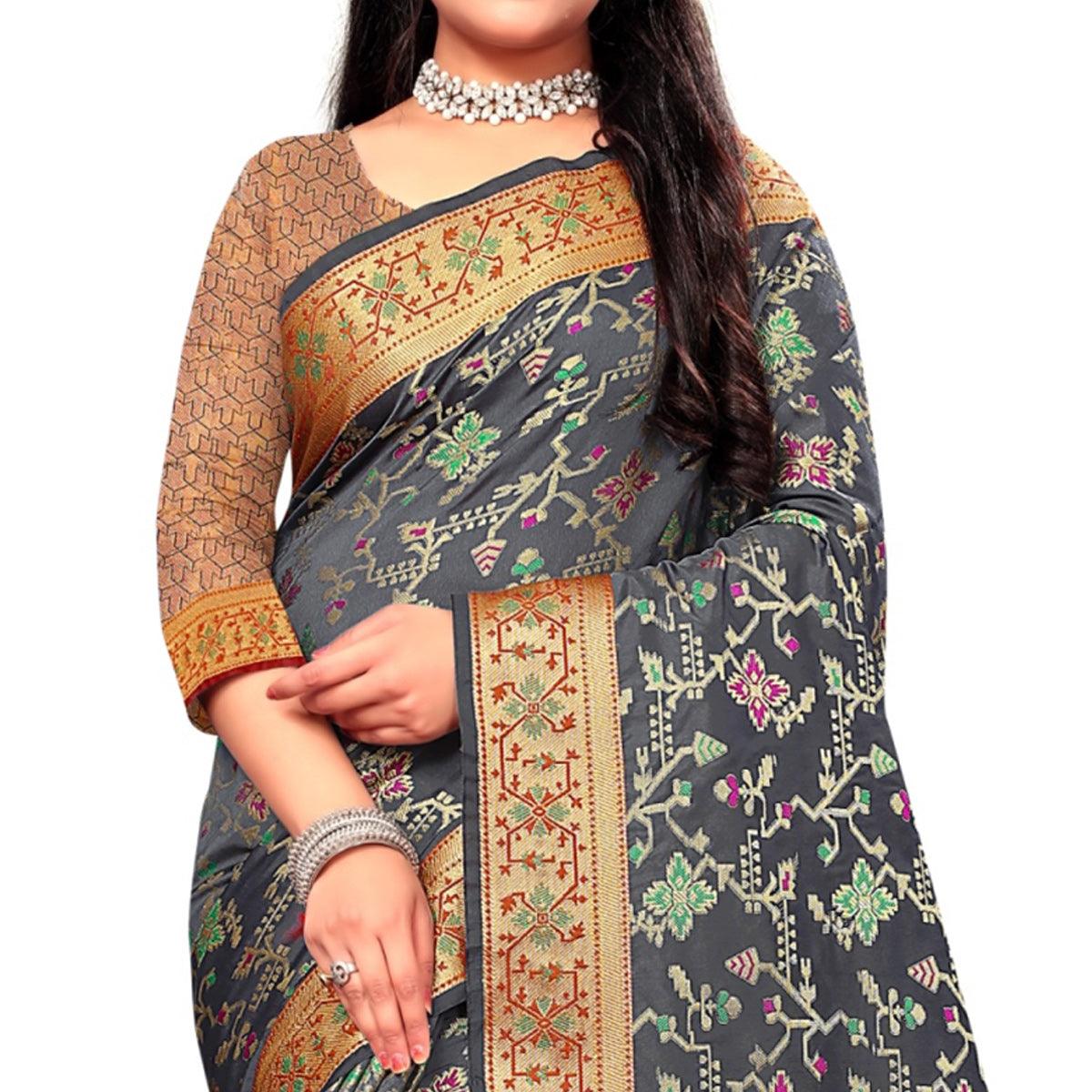 Captivating Grey Colored Festive Wear Woven Silk Saree