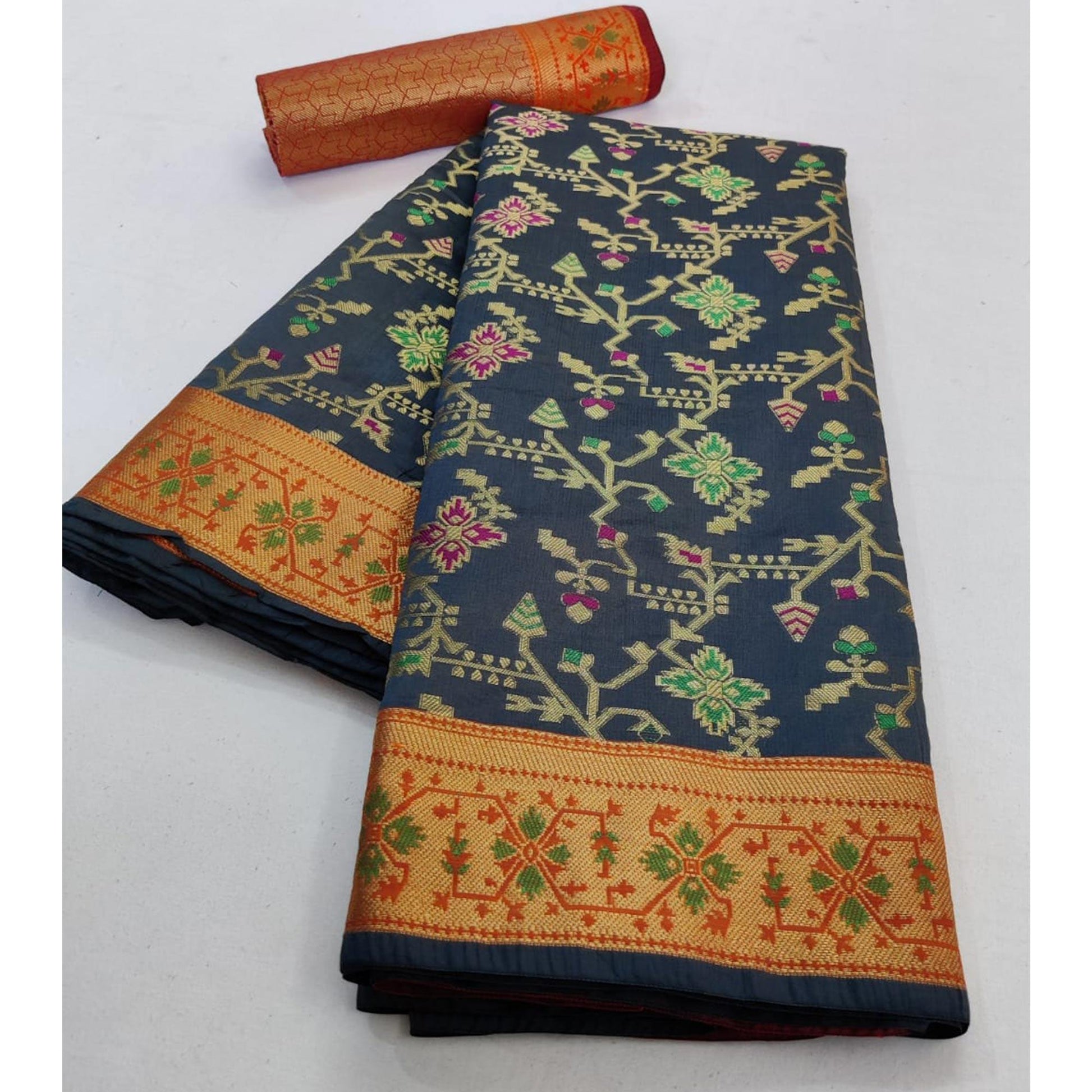 Captivating Grey Colored Festive Wear Woven Silk Saree