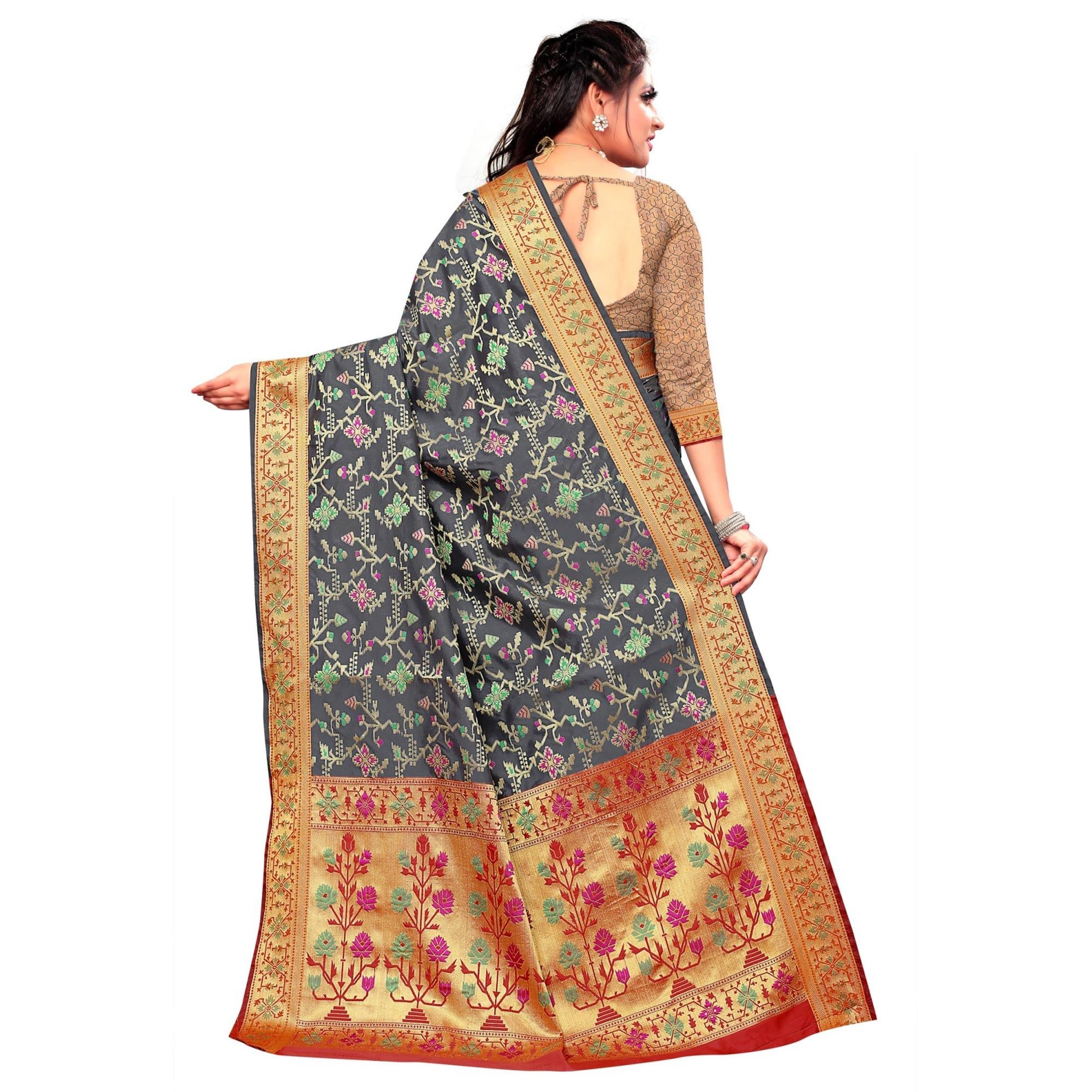 Captivating Grey Colored Festive Wear Woven Silk Saree