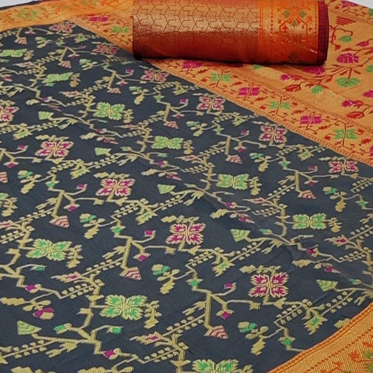 Captivating Grey Colored Festive Wear Woven Silk Saree