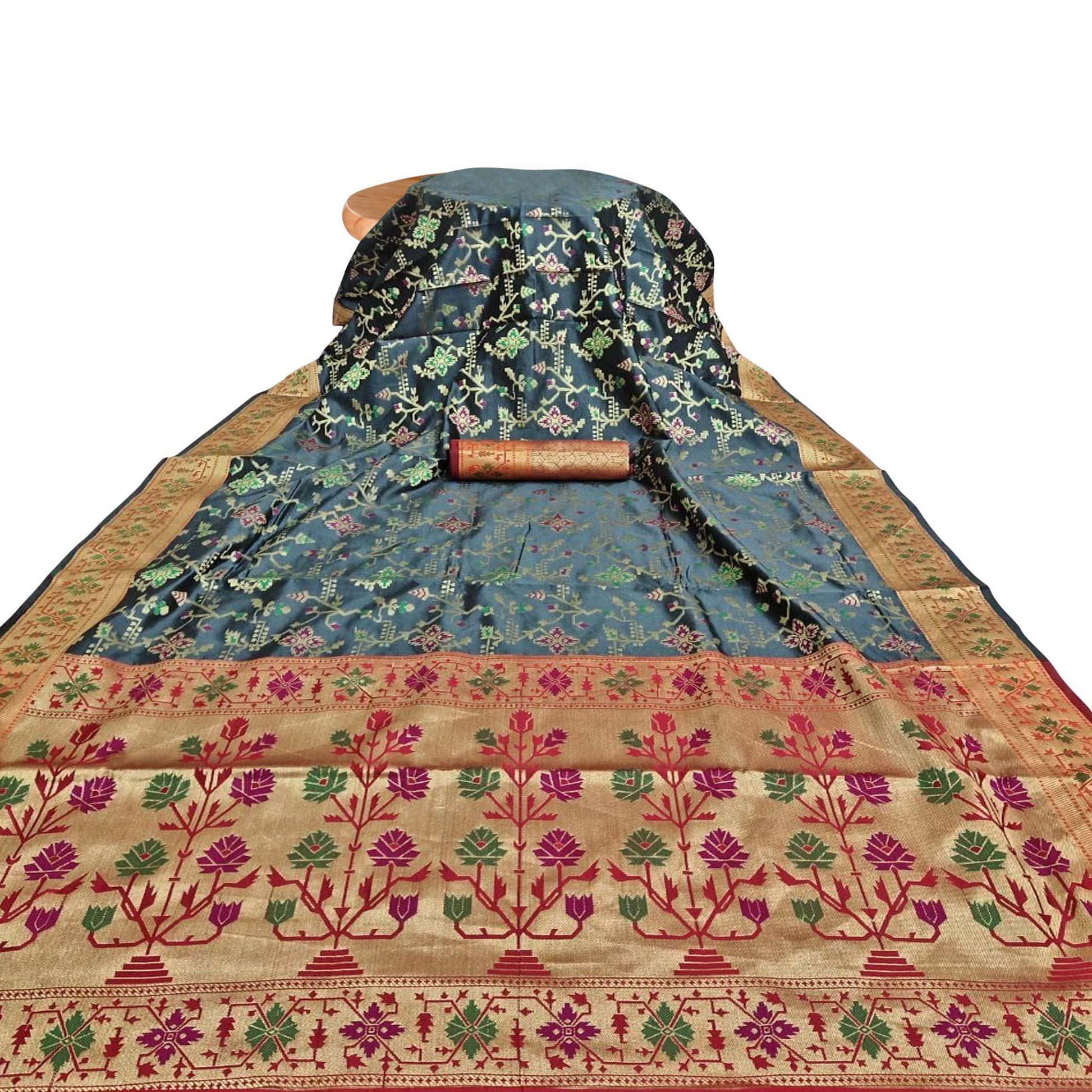 Captivating Grey Colored Festive Wear Woven Silk Saree