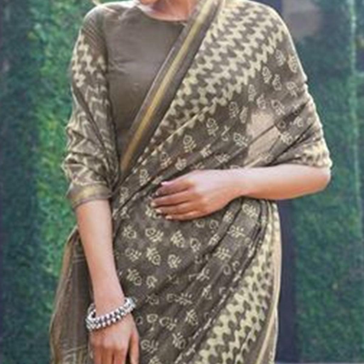 Captivating Grey Colored Party Wear Handloom Zari Border Cotton Linen Saree