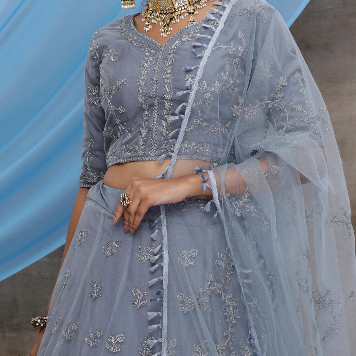 Captivating Grey Colored Party Wear Heavy Embroidered Net Lehenga Choli
