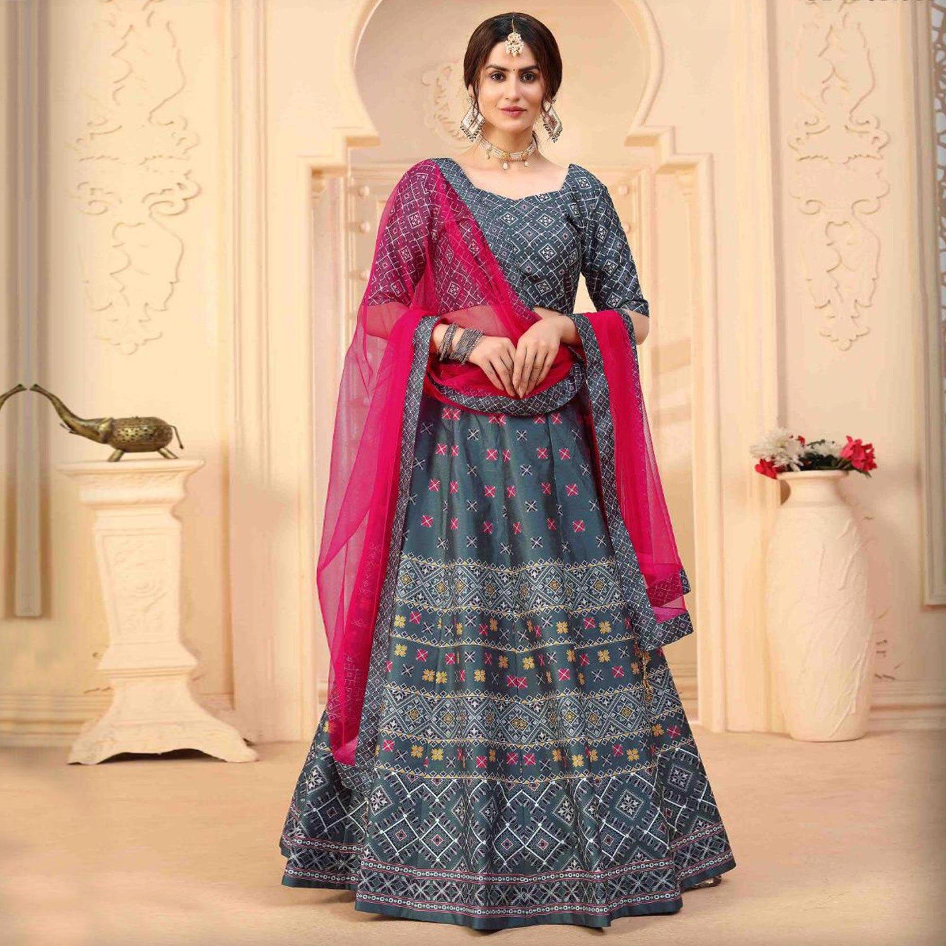 Captivating Grey Coloured Partywear Digital Printed Art Silk Lehenga Choli