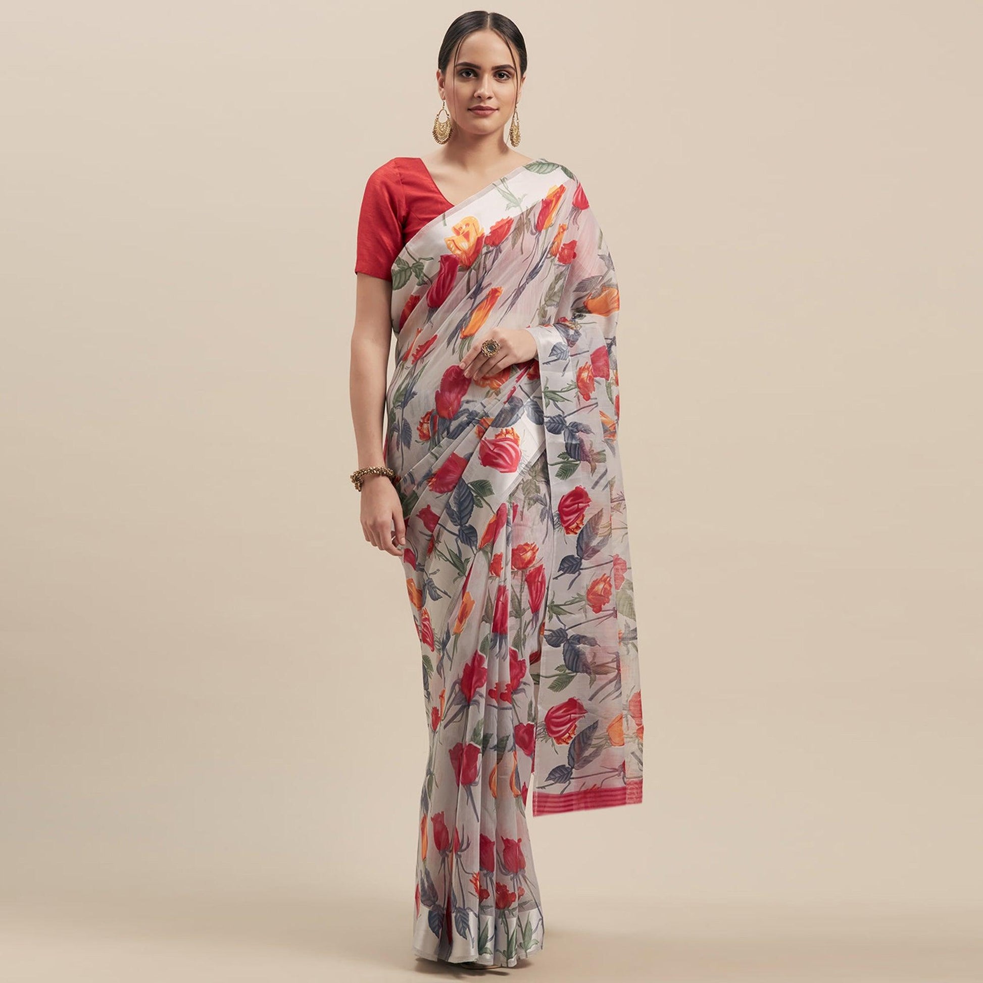 Captivating Grey-Pink Colored Casual Wear Floral Printed Linen Saree