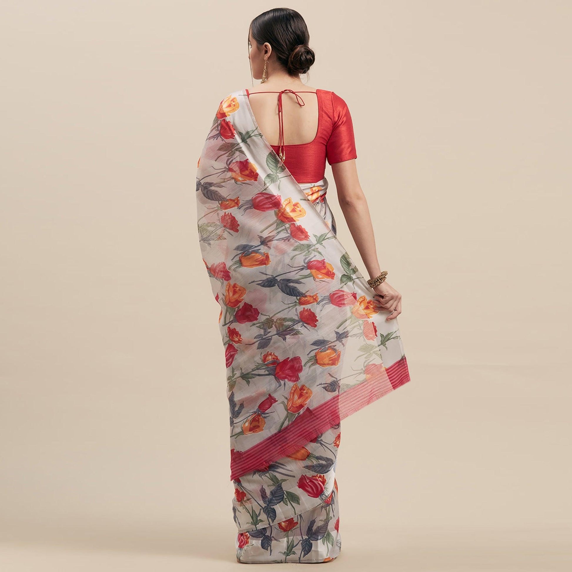 Captivating Grey-Pink Colored Casual Wear Floral Printed Linen Saree