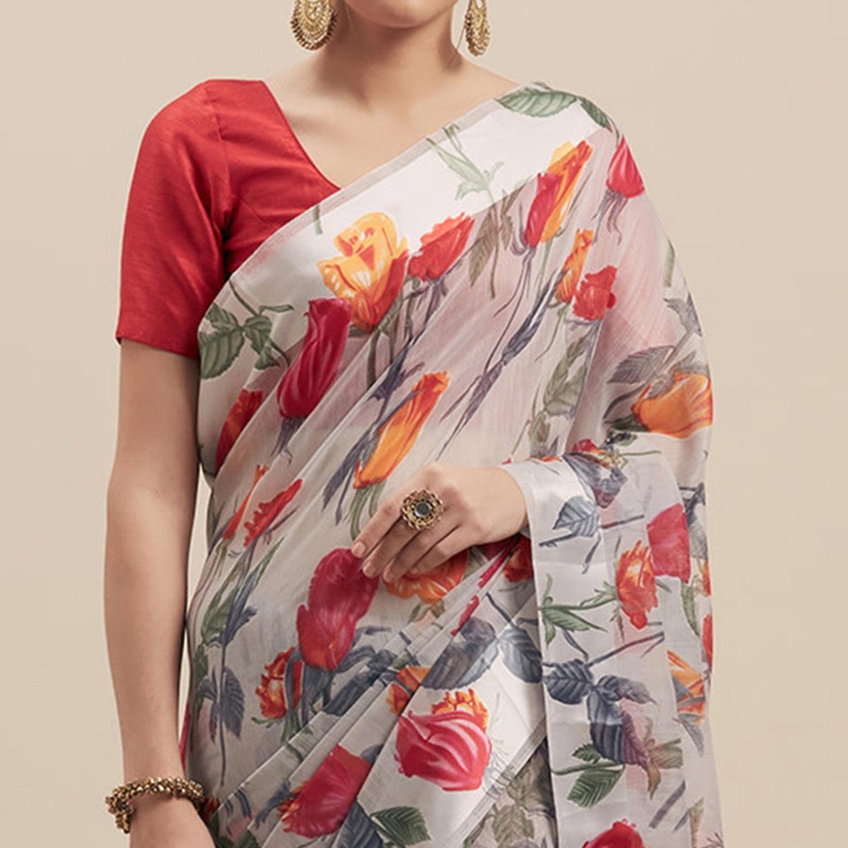 Captivating Grey-Pink Colored Casual Wear Floral Printed Linen Saree