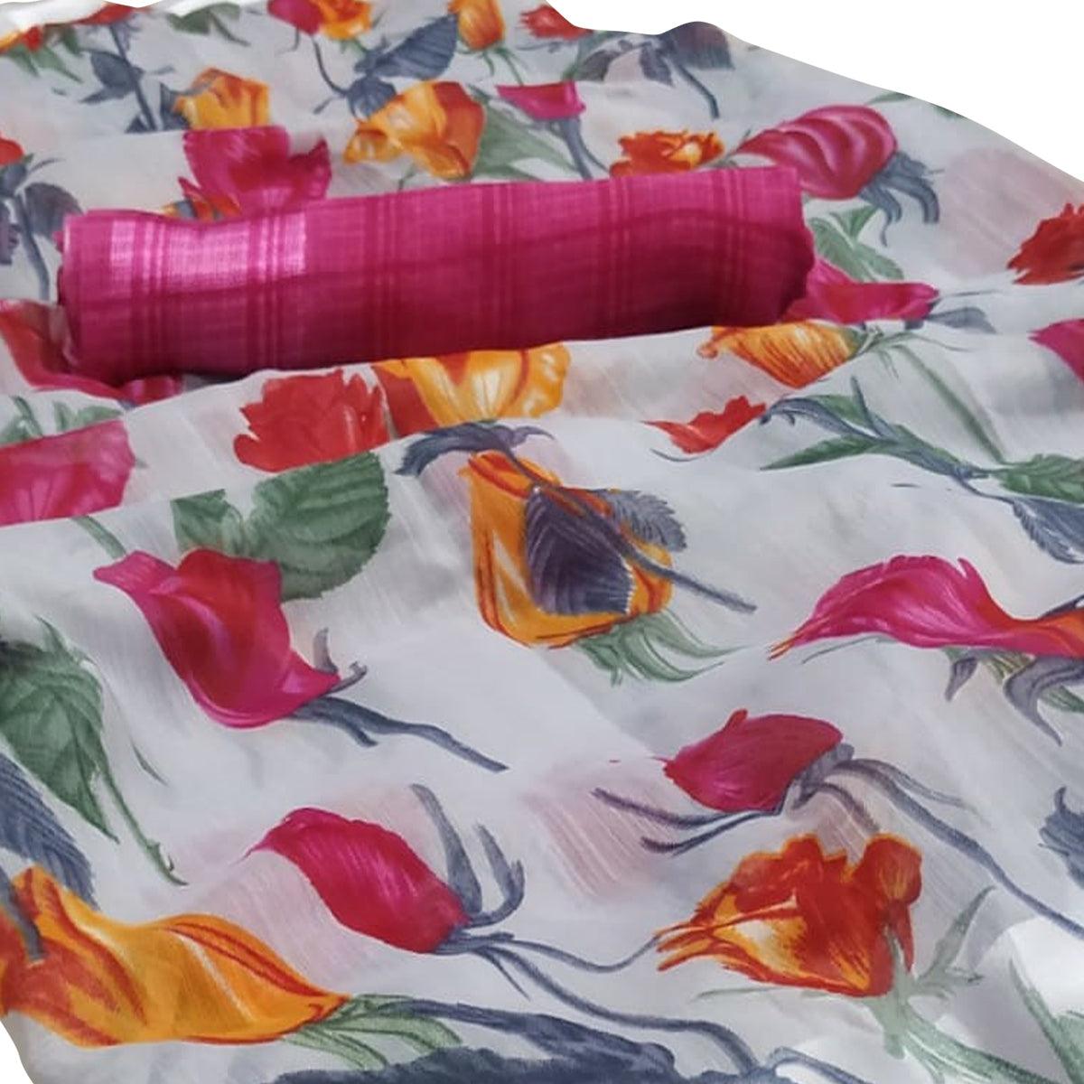 Captivating Grey-Pink Colored Casual Wear Floral Printed Linen Saree