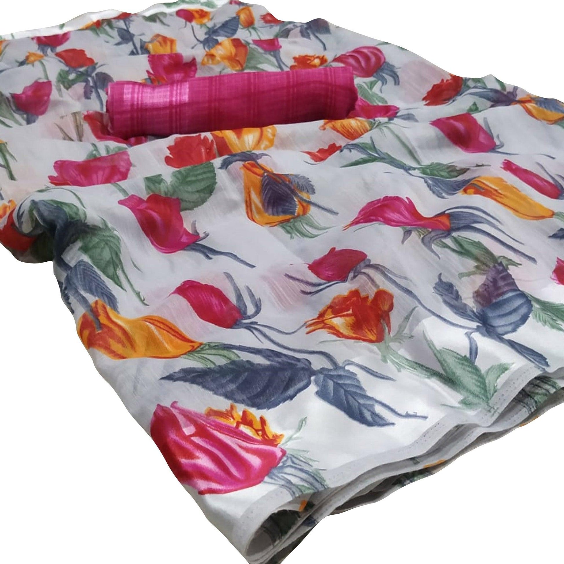 Captivating Grey-Pink Colored Casual Wear Floral Printed Linen Saree