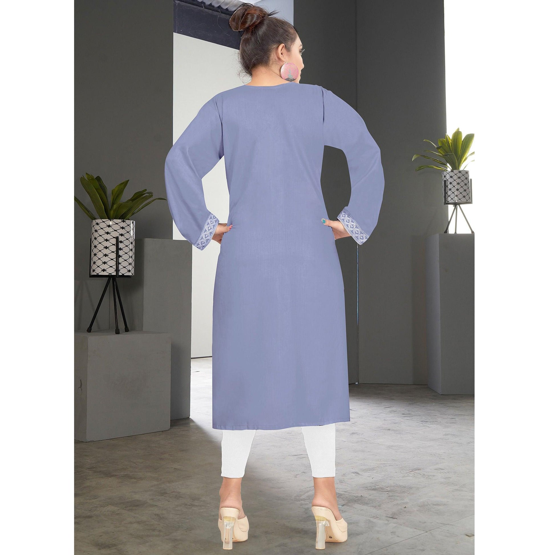 Captivating Lavendar Colored Casual Wear Embroidered Pure Rayon Viscose Kurti