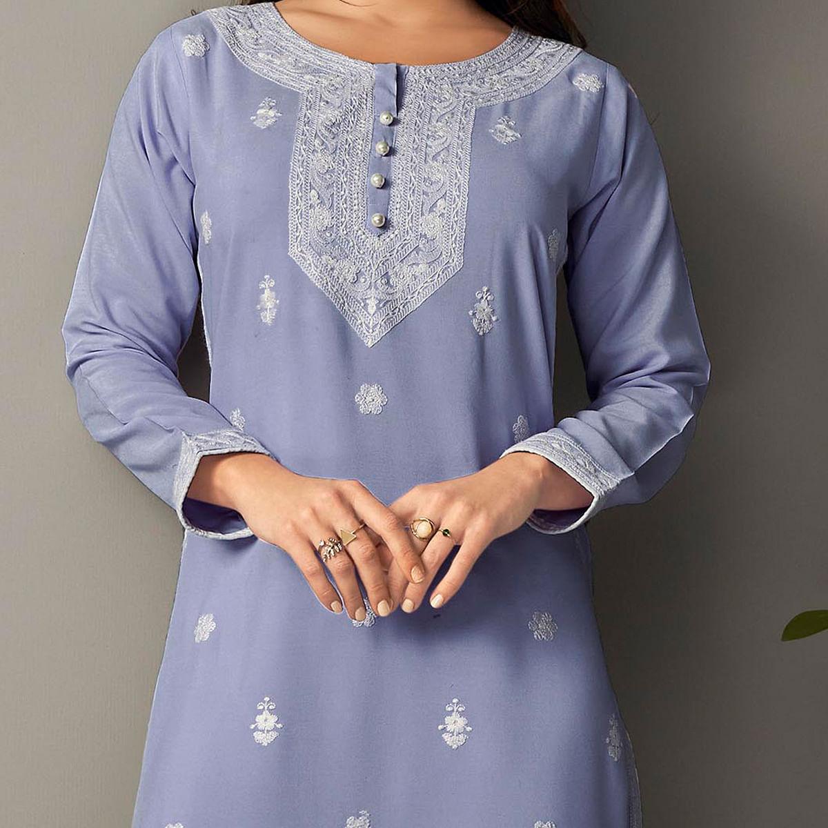 Captivating Lavendar Colored Casual Wear Embroidered Pure Rayon Viscose Kurti