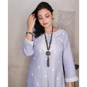 Captivating Lavendar Colored Casual Wear Embroidered Pure Rayon Viscose Kurti