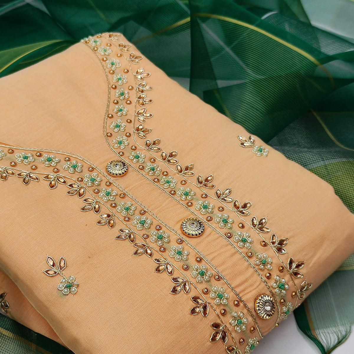 Captivating Light Peach Colored Casual Embroidered Modal Chanderi Dress Material