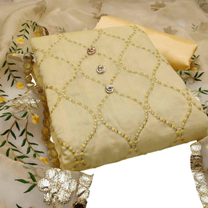Captivating Light Yellow Colored Casual Embroidered Chanderi Dress Material