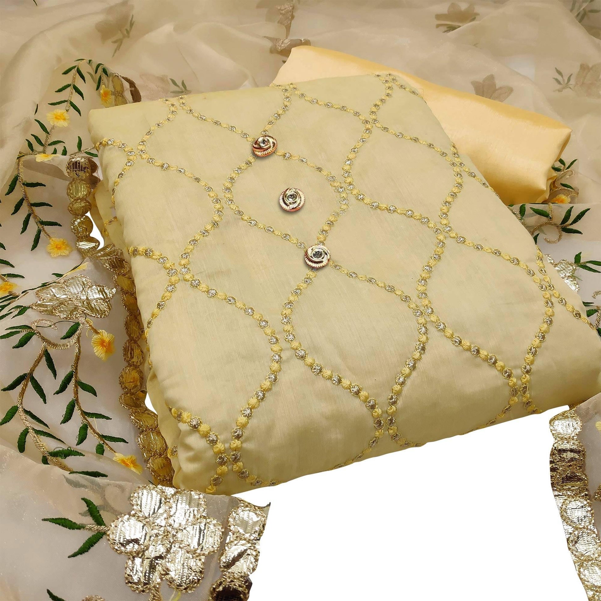 Captivating Light Yellow Colored Casual Embroidered Chanderi Dress Material
