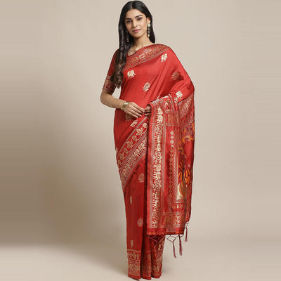 Captivating Maroon Colored Festive Wear Woven Silk Blend Saree