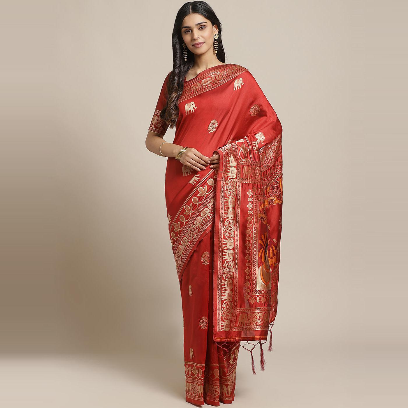Captivating Maroon Colored Festive Wear Woven Silk Blend Saree