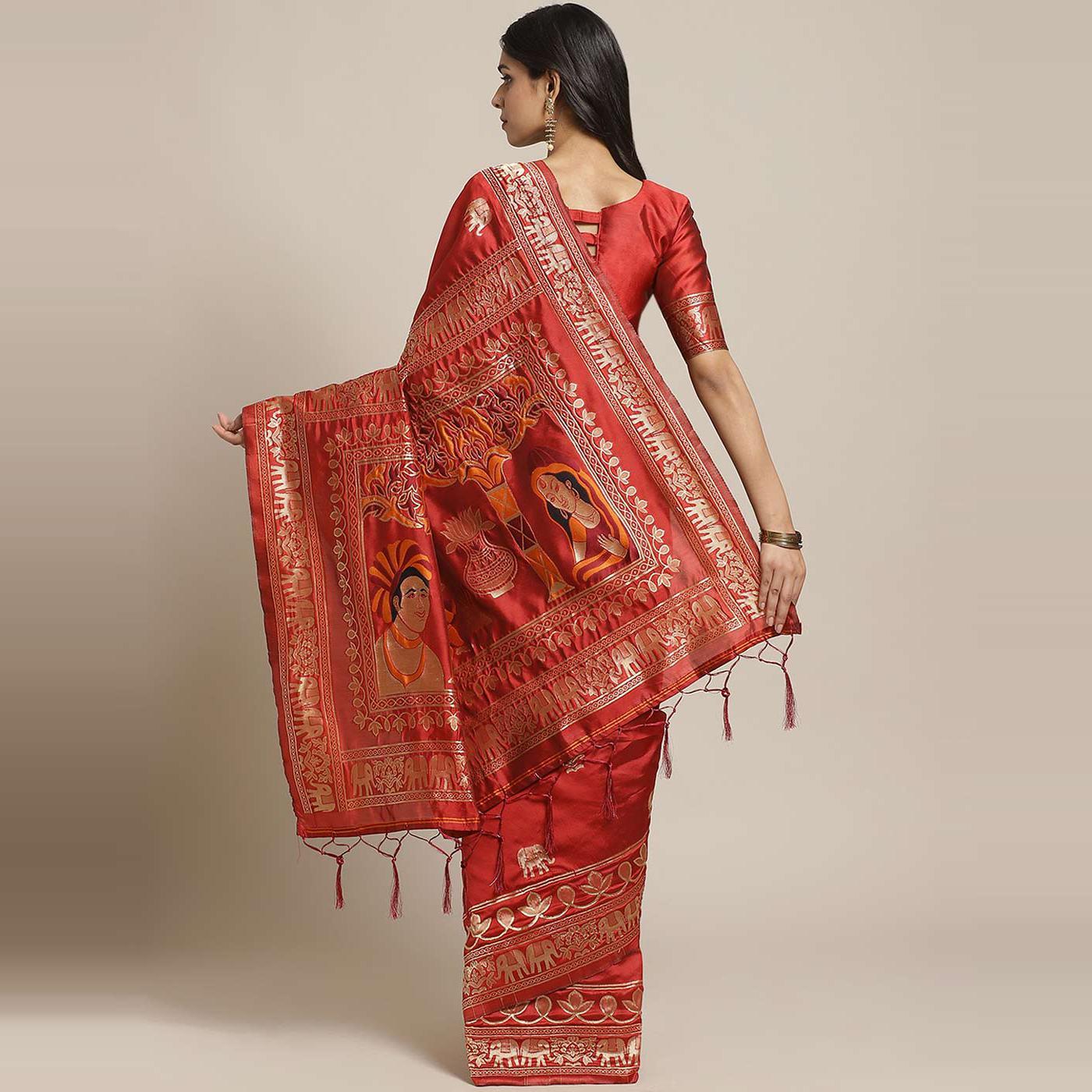 Captivating Maroon Colored Festive Wear Woven Silk Blend Saree