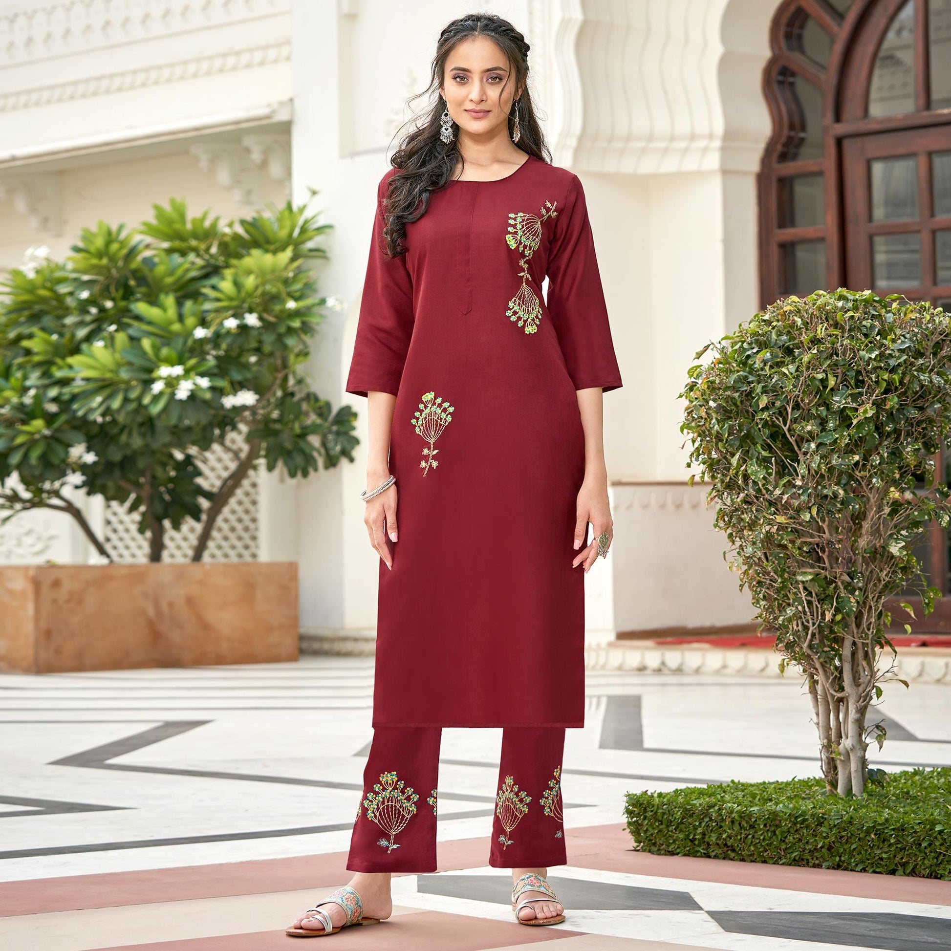 Captivating Maroon Colored Partywear Embroidered Cotton Slub Kurti Palazzo Set