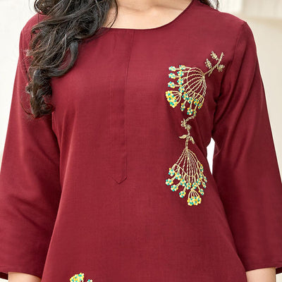 Captivating Maroon Colored Partywear Embroidered Cotton Slub Kurti Palazzo Set