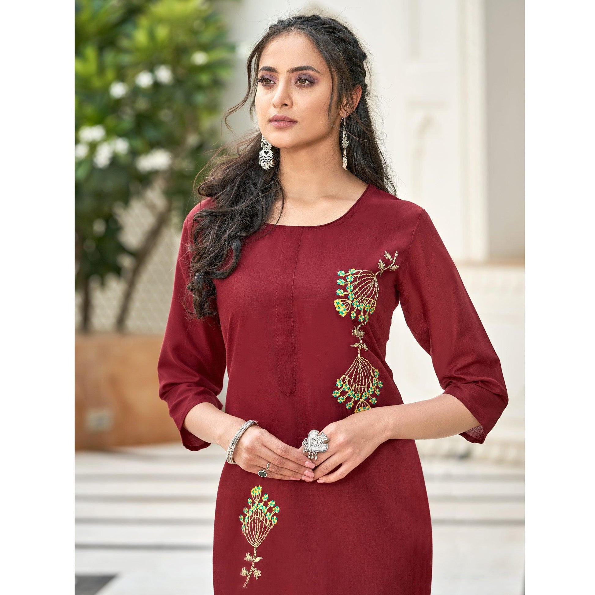 Captivating Maroon Colored Partywear Embroidered Cotton Slub Kurti Palazzo Set