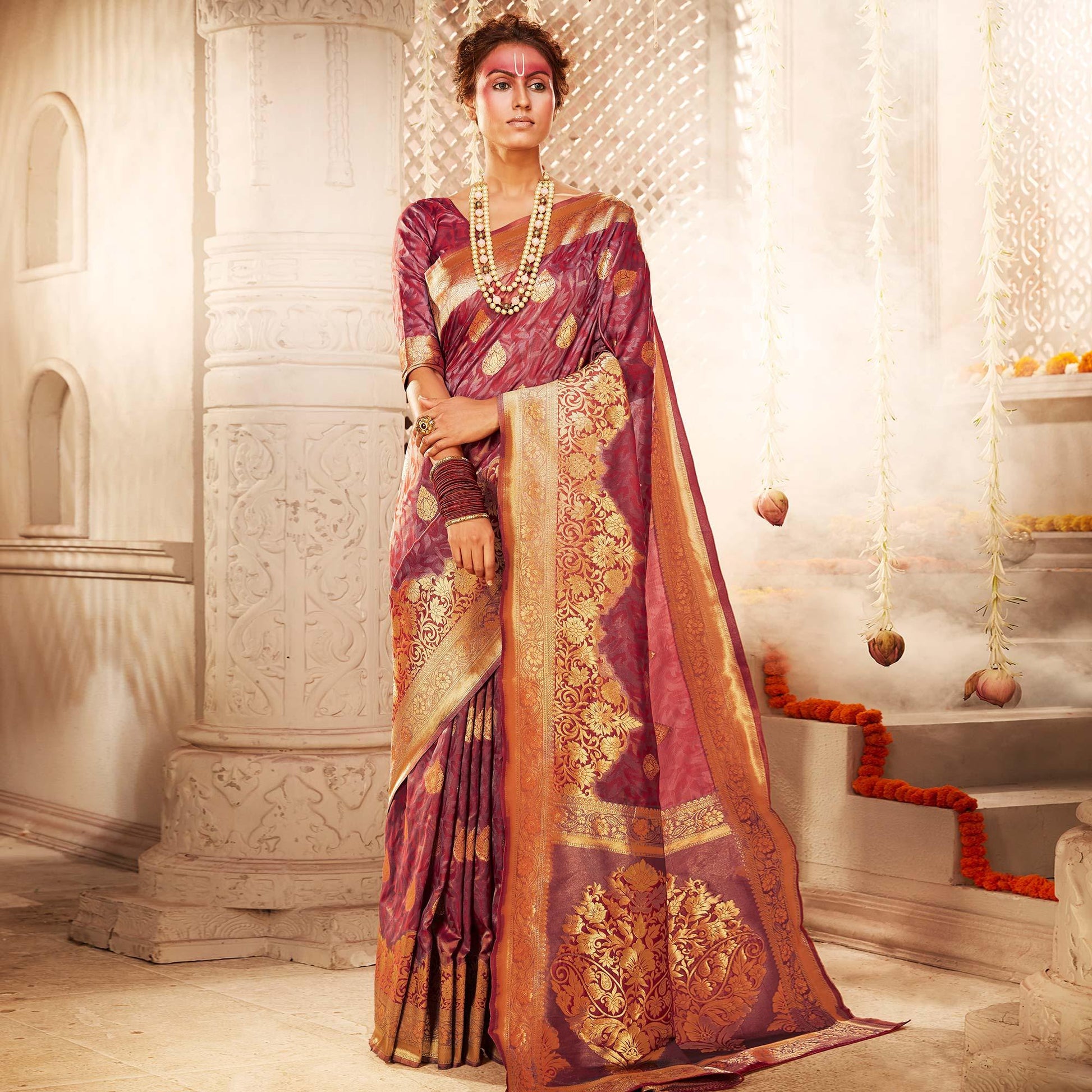 Captivating Mauve Colored Festive Wear Woven Banarasi Silk Saree