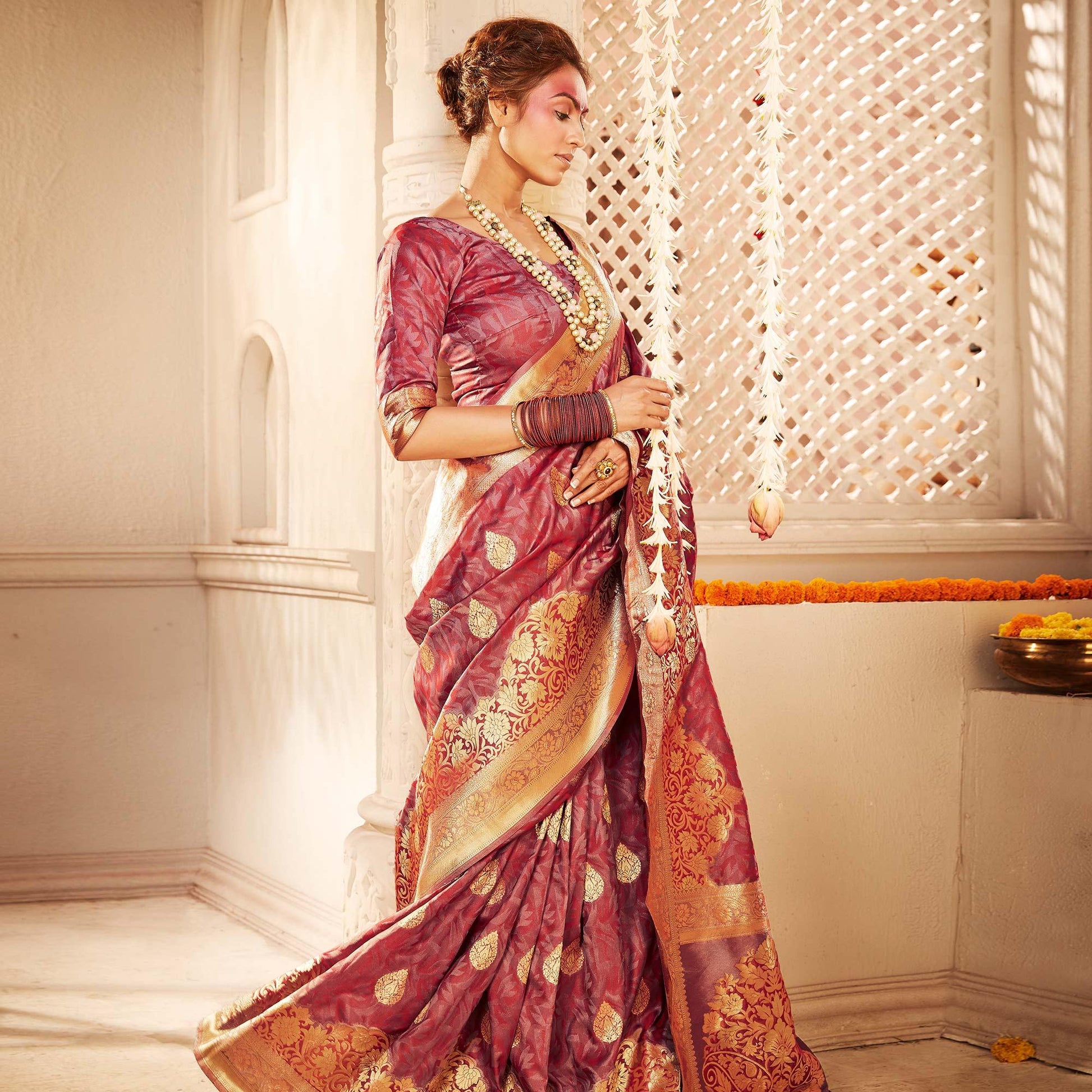 Captivating Mauve Colored Festive Wear Woven Banarasi Silk Saree