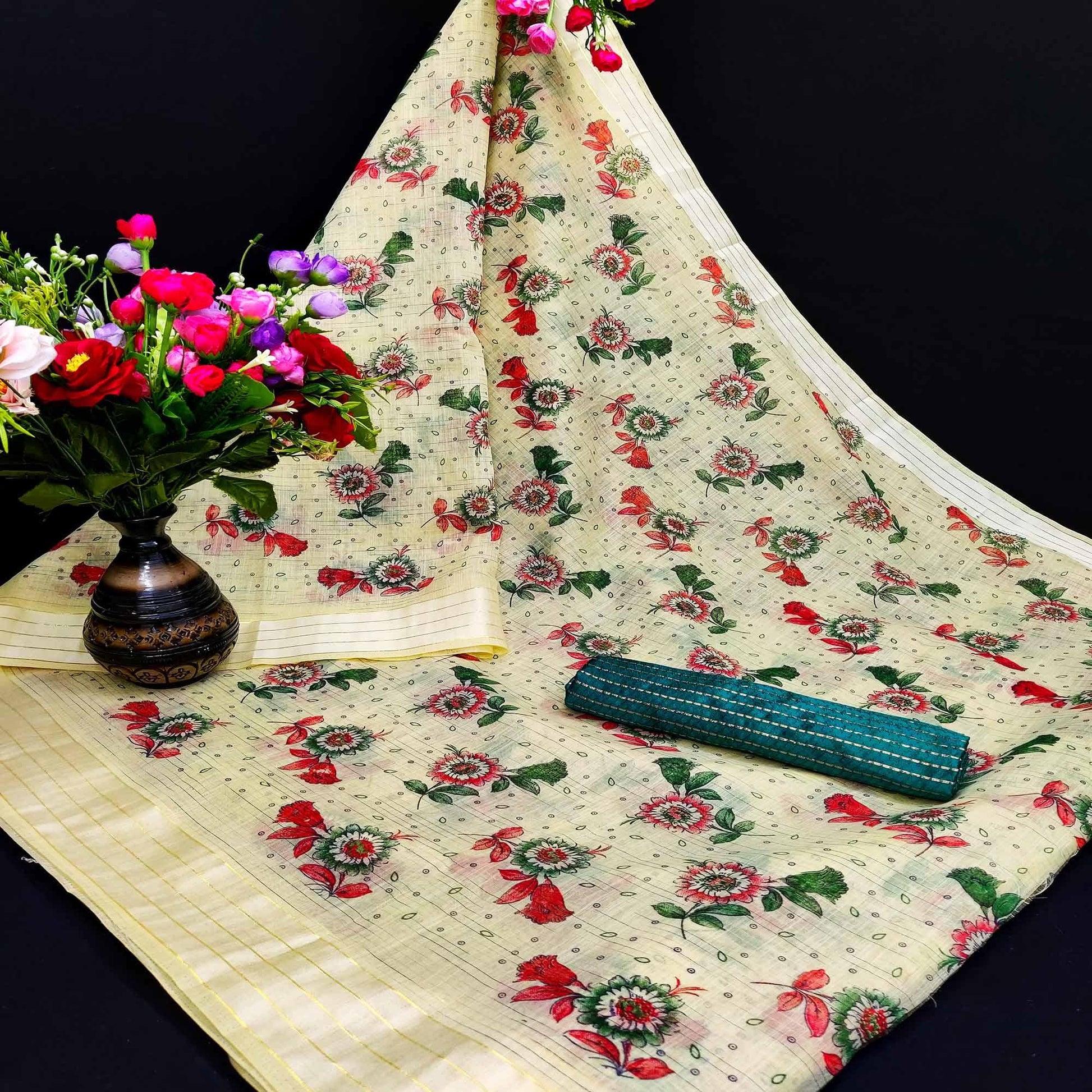 Captivating Mustard Coloured Floral Print Casual Wear Striped Pattern Cotton Saree